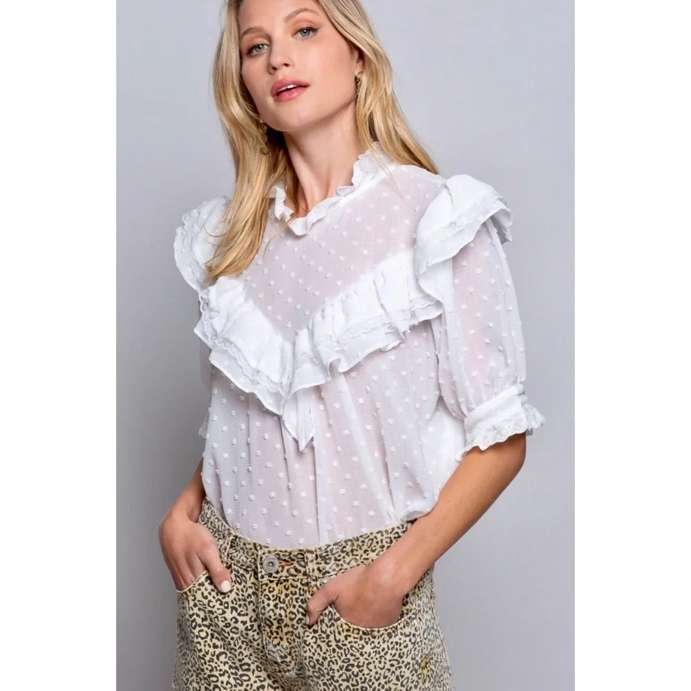 POL Swiss Dot Ruffle Mock Neck Blouse Half Sleeves Relaxed Fit - Picture 7 of 11